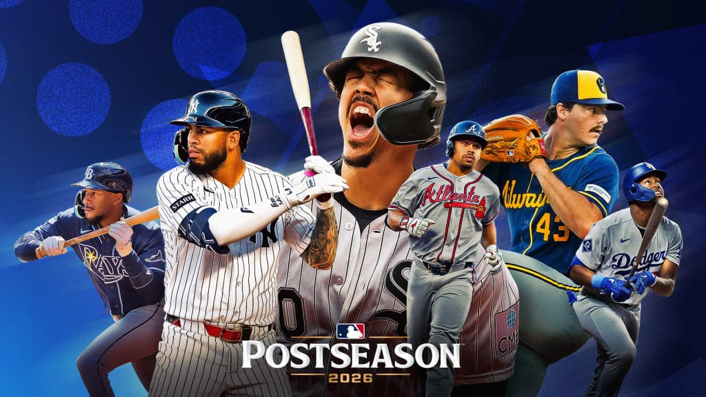 2026 MLB postseason graphic featuring baseball players from the Rays, Yankees, White Sox, Braves, Brewers, and Dodgers